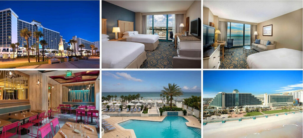 Images of the Hilton Daytona Beach, hotel rooms, the pool, and the beach