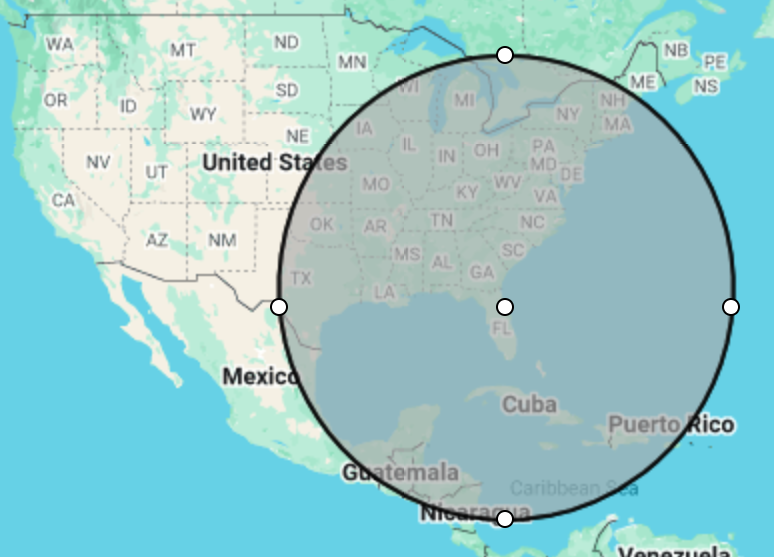 Map of the U.S. and Canada with a 1,200 mile radius circle centered on Daytona, FL.