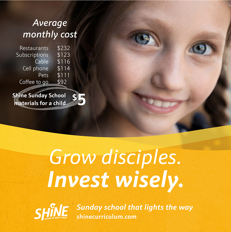 Promotional image for Shine Curriculum. There's a photo of a young girl looking straight ahead an smiling. Text reads: Grow disciples. Invest wisely. Shine - Sunday school that lights the way.