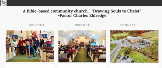 Photos of a church sanctuary, people singing, and a church building