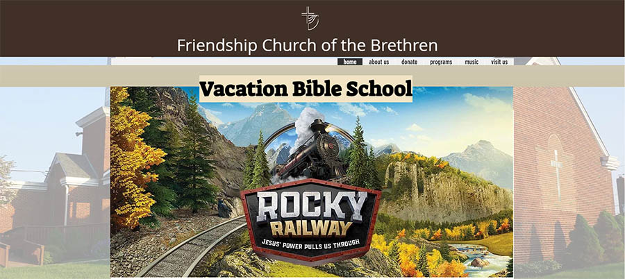 Image of Friendship Church of the Brethren home page with ad for Vacation Bible School