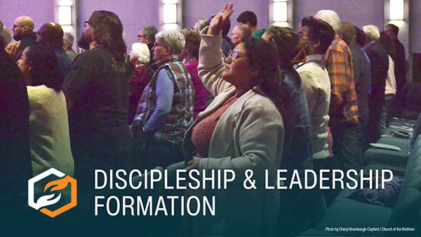 People raising hands in worship. Discipleship & Leadership Formation logo.
