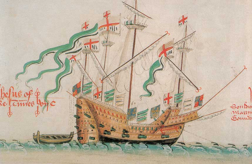 Colored drawing of an old ship with four masts