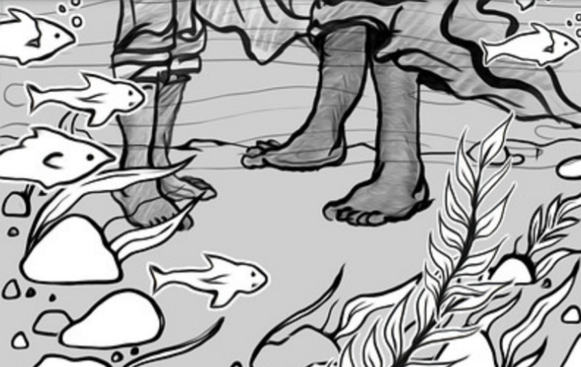 Drawing of feet underwater with plants and fish