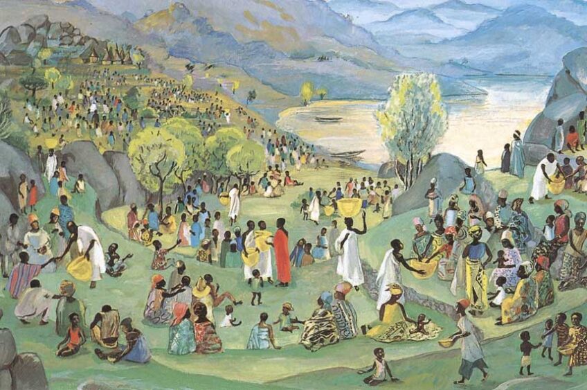 Jesus feeding the 5000; mountains in the background