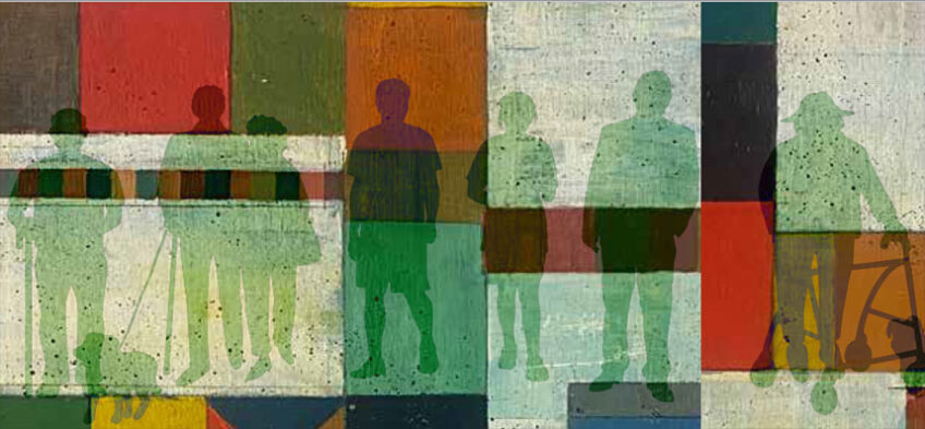 Silhouettes of people of different ages against a colorful background