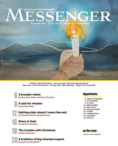 December 2022 table of contents for Messenger, with artwork of a hand holding a candle at the top