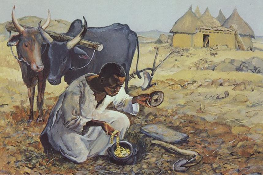 Man sitting in front of yoked oxen looking at gold in a pot