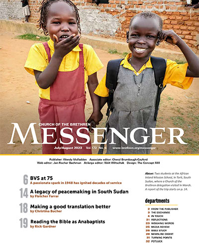Children smiling and table of contents for July/August 2023 Messenger
