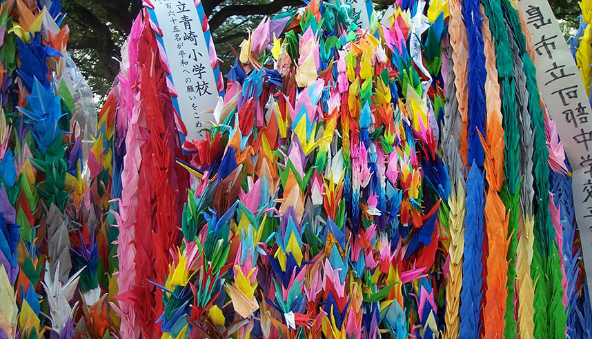 hundreds of colorful peace cranes