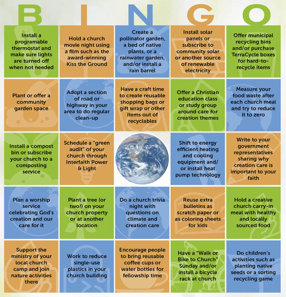 Creation Care Bingo card. For text, please use the PDF file above.