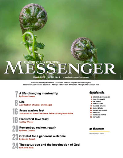 Índice de contenidos de la edición de marzo de 2024 de Messenger. Imagen de helechos desplegándose.
