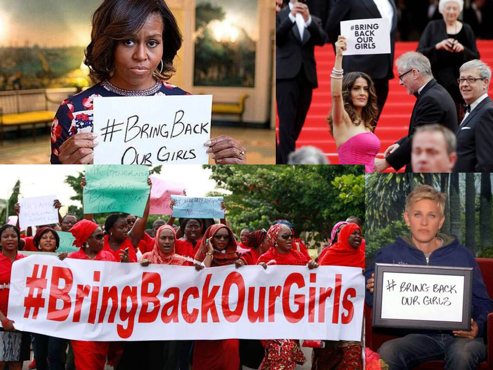 Moun ki selèb yo kenbe siy ki di "#BringBackOurGirls
