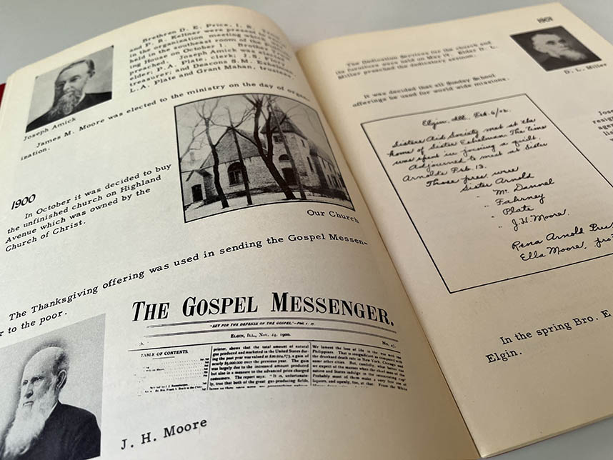 Book with photos and text, including the masthead of The Gospel Messenger.