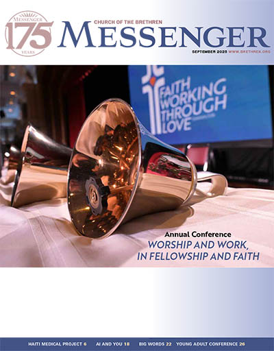 Handbell in front of logo that says "Faith Working Through Love"