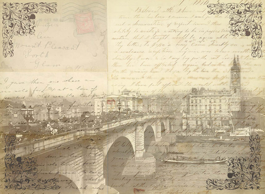 Collage including old postcard of London