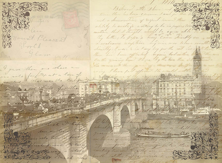 Collage including old postcard of London