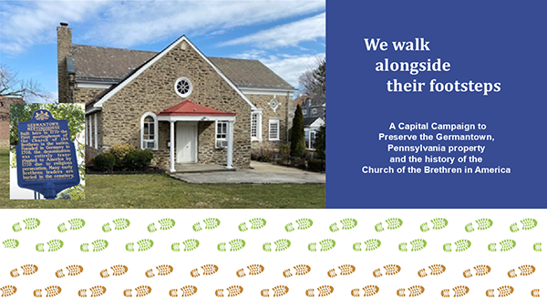 Germantown property campaign. Photo featuring Germantown Church of the Brethren and property sign.