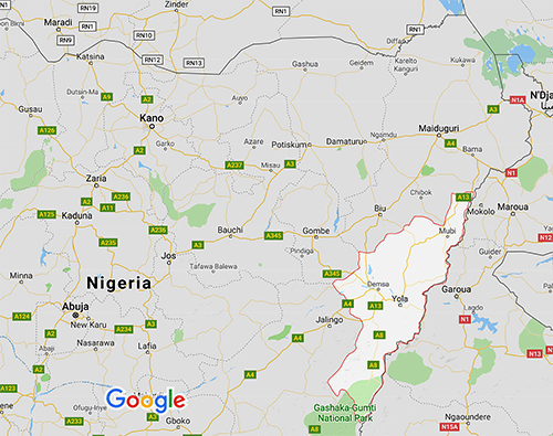 A map of northeast Nigeria showing Adamawa State
