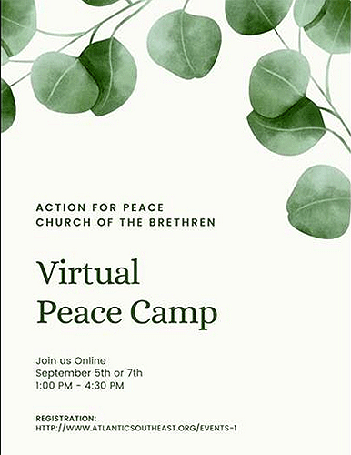 Words "Virtual Peace Camp" with leaves