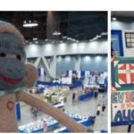 Photos showing a sock monkey in various places around Annual Conference
