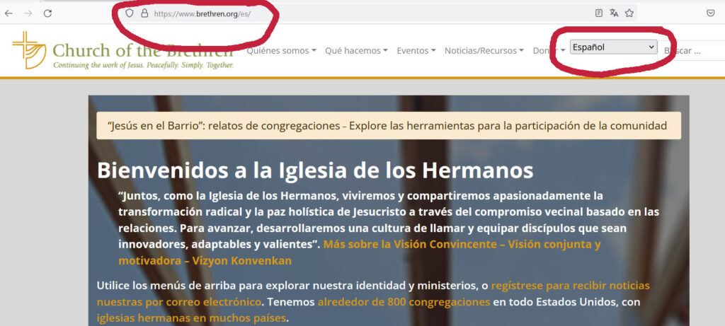 Page d'accueil de Brethren.org en espagnol. L'URL est www.brethren.org/es/