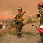 Two firefighters in front of a blazing field
