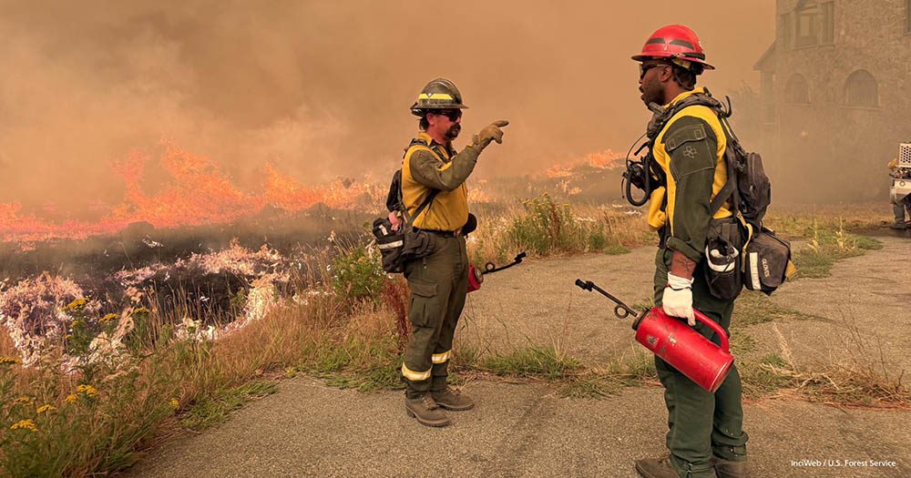 Two firefighters in front of a blazing field