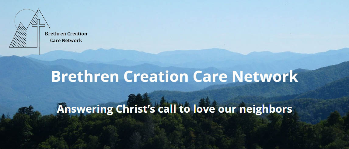 Blue Ridge mountains with text "Brethren Creation Care Network: Answering Christ's call to love our neighbors"