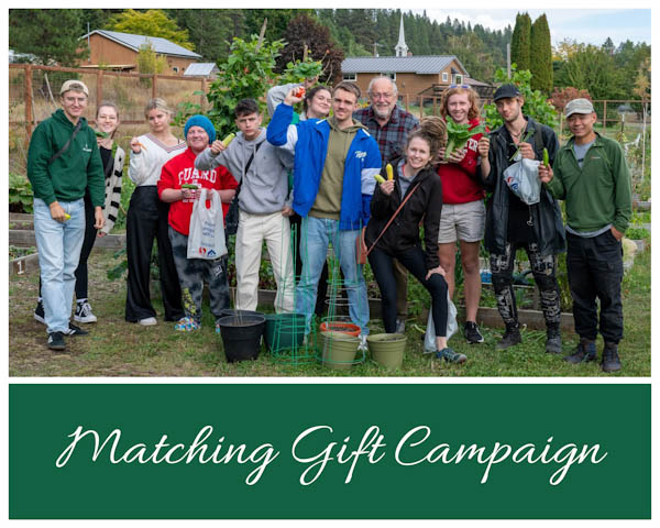 Group of people in a community garden with words 'Matching Gift Campaign'